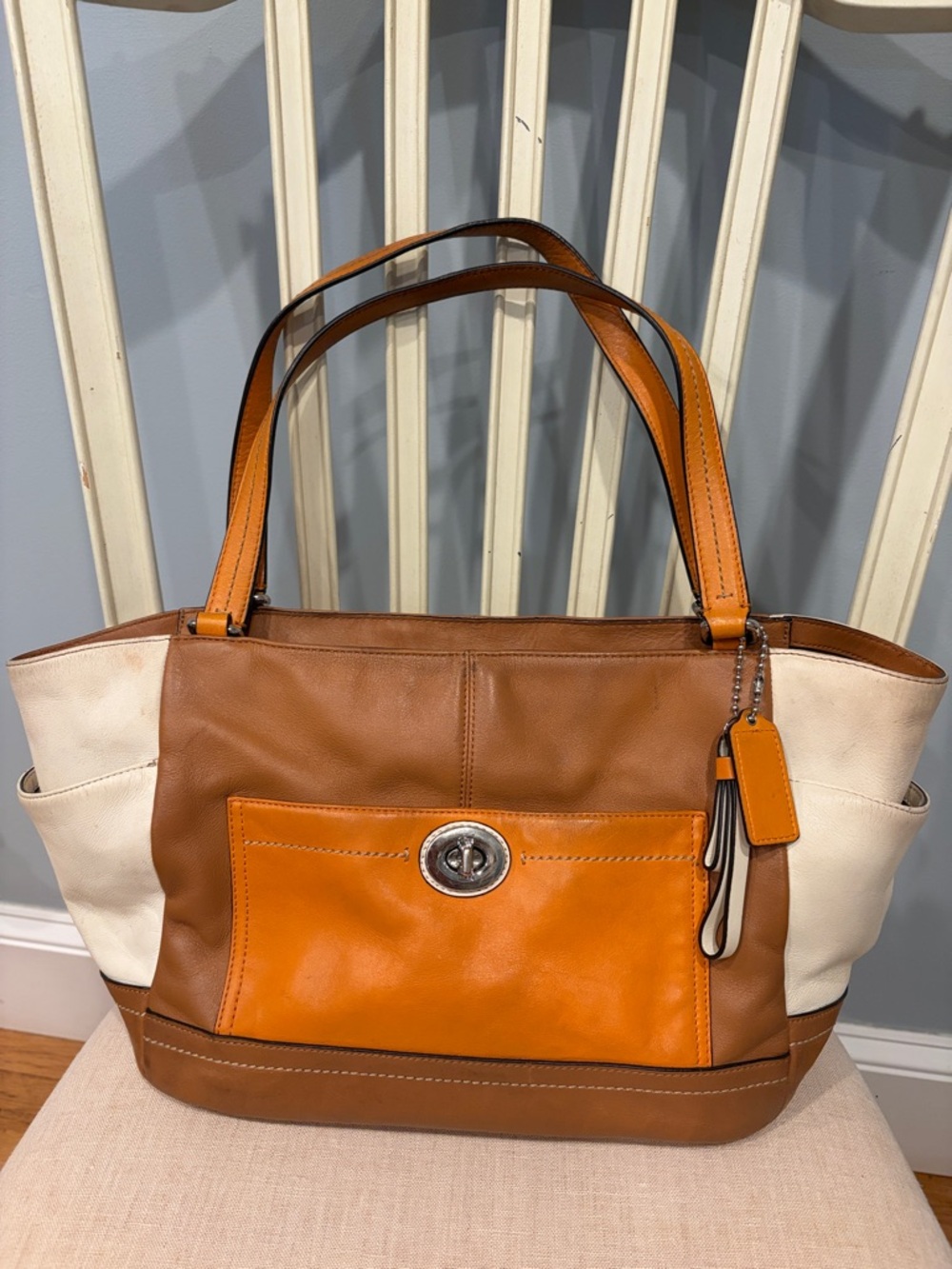 Coach Leather Colorblock Tote Bag in Brown, Orange & Cream